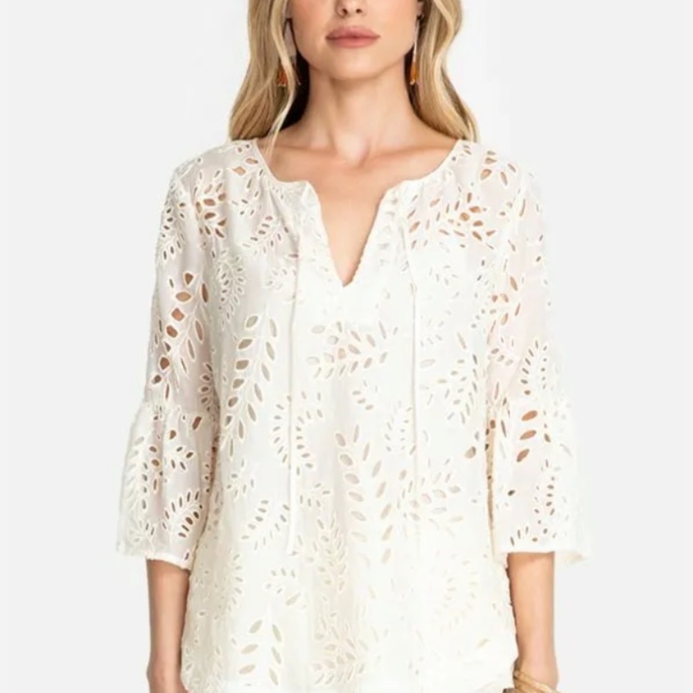 NWT $265 Johnny Was Bianka Silk-Blend Top lace front blouse Size S